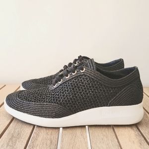 VIA SPIGA MACRA 2 RAFFIA WOVEN LACE UP SNEAKERS. BLACK/SIZE: 6